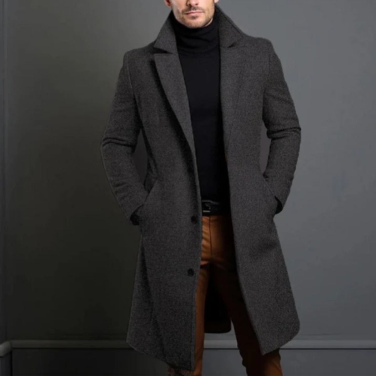Men's long button overcoat with notched lapels and side pockets