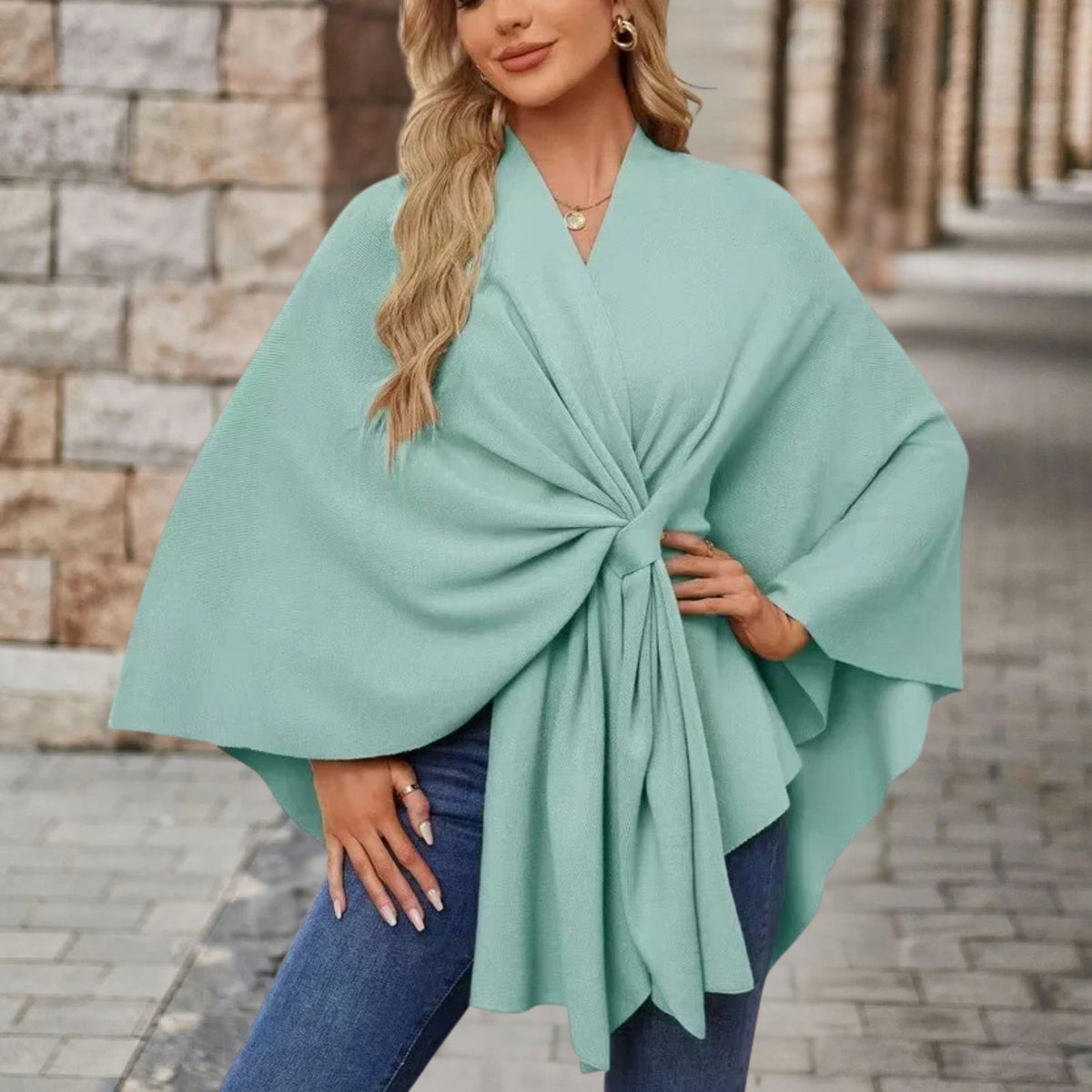 Women's batwing draped cape coat with tie waist and V-neckline