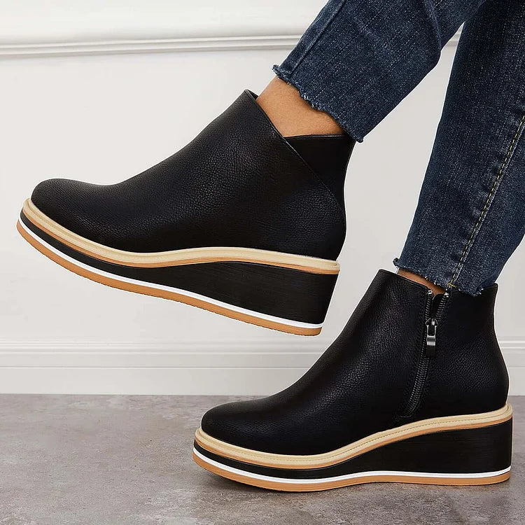 Women's ankle boots with side zip, rounded toe and high wedge platform