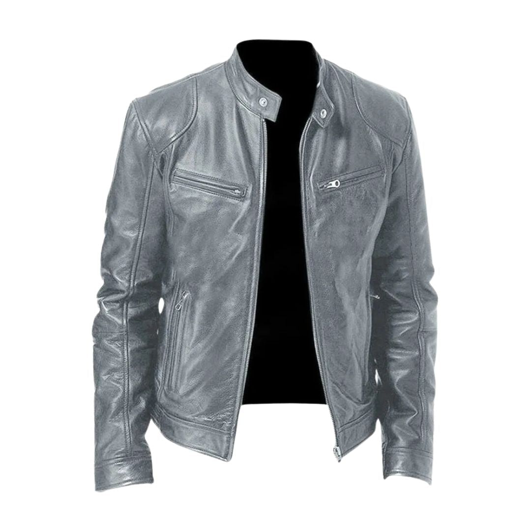 Men's zip-front biker jacket with stand collar and multiple zipped pockets