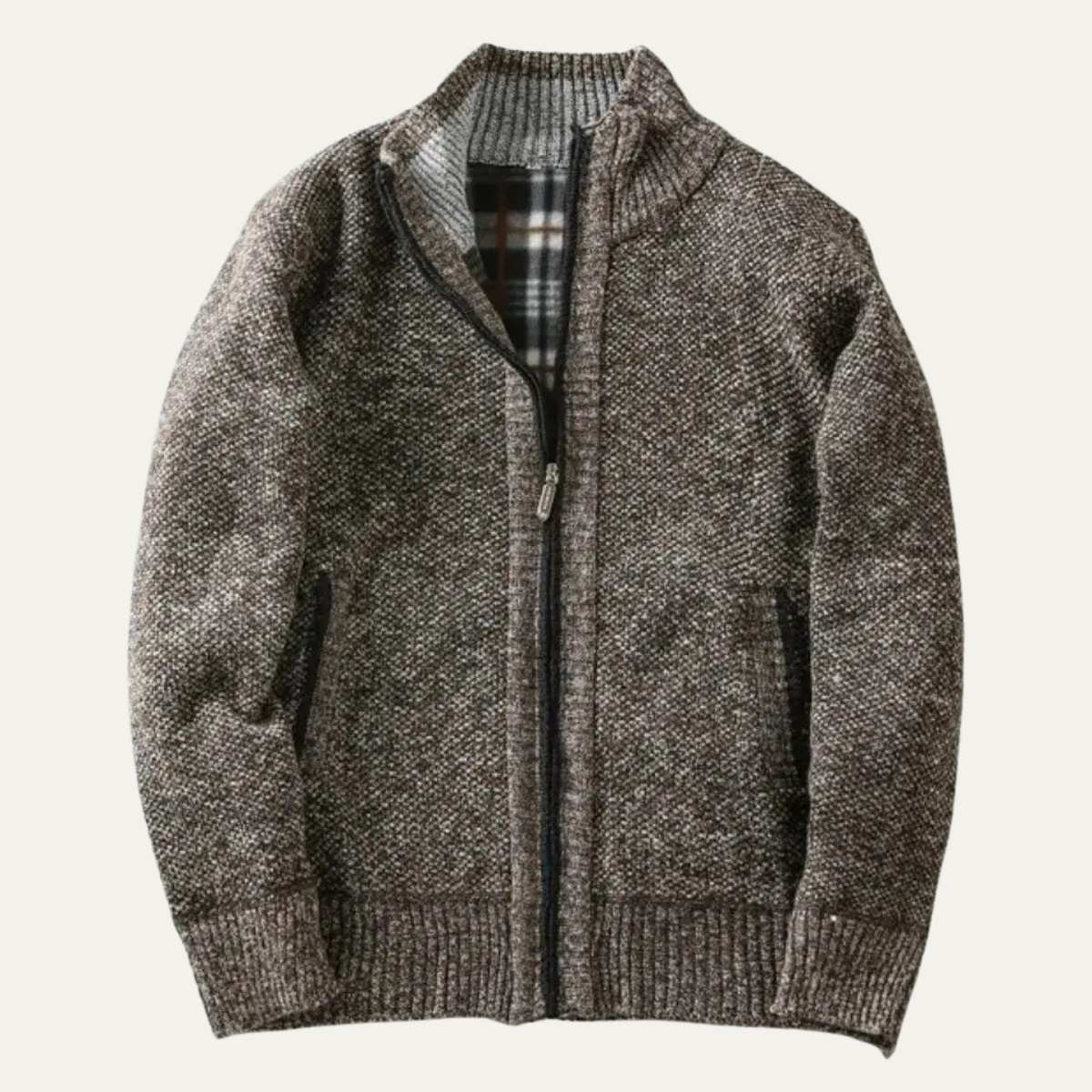 Men's chunky knit zip jacket with ribbed stand collar and front pockets