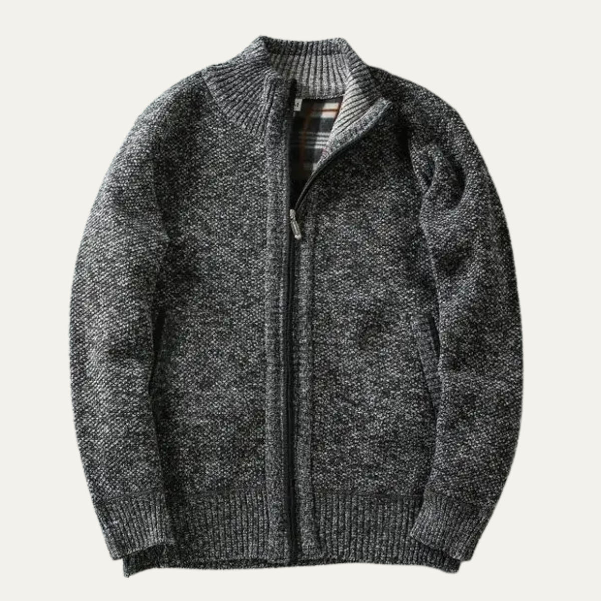 Men's chunky knit zip jacket with ribbed stand collar and front pockets