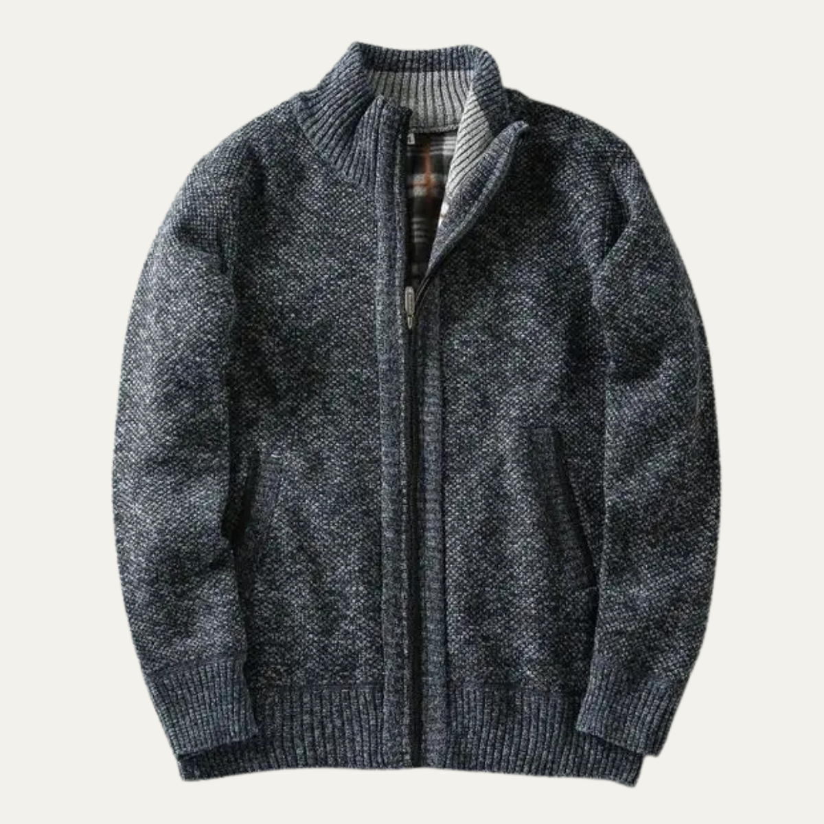 Men's chunky knit zip jacket with ribbed stand collar and front pockets