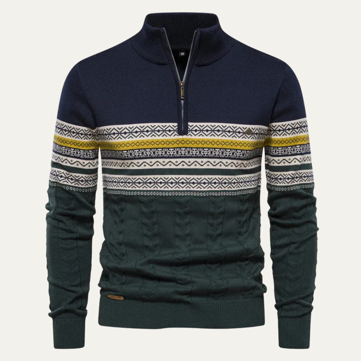 Men's quarter zip mock neck sweater with Fair Isle geometric bands and textured knit lower body