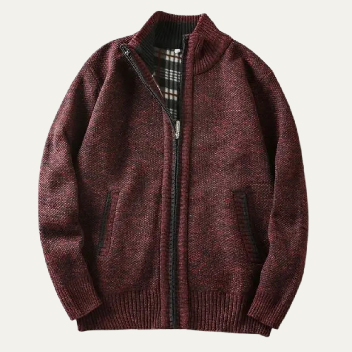 Men's chunky knit zip jacket with ribbed stand collar and front pockets