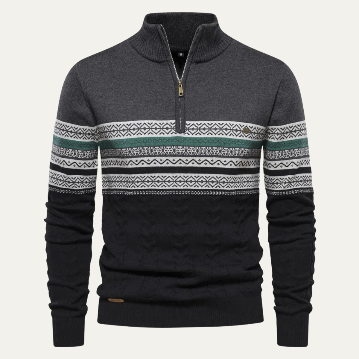 Men's quarter zip mock neck sweater with Fair Isle geometric bands and textured knit lower body