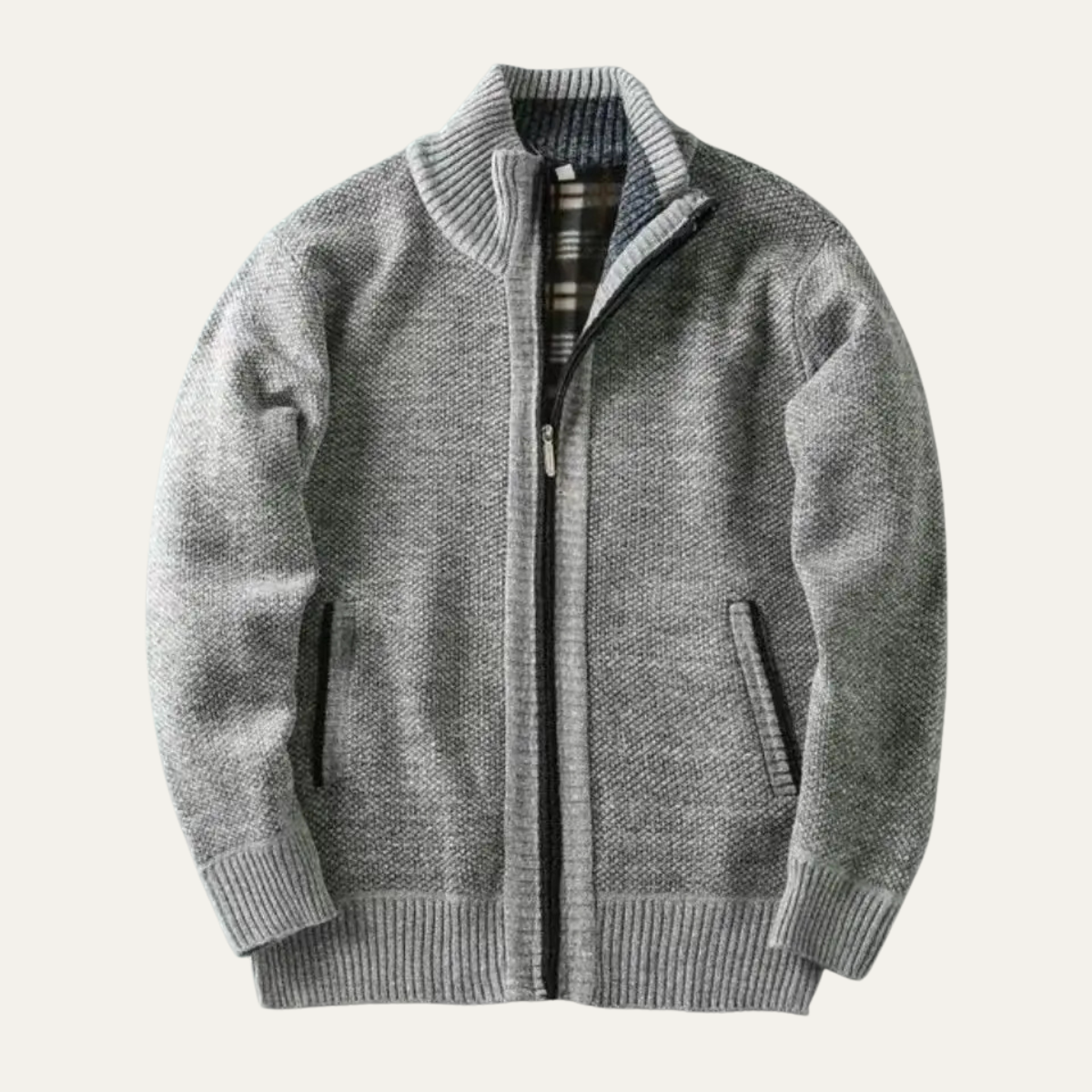 Men's chunky knit zip jacket with ribbed stand collar and front pockets