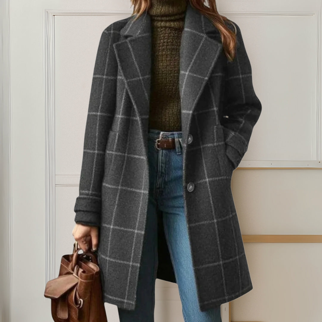 Women's long checked plaid coat with notched lapels and button front