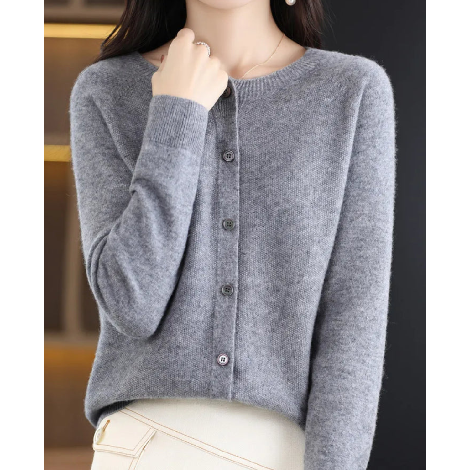 Women's Cardigan Merino Wool V-Neck Long Sleeve - Grey
