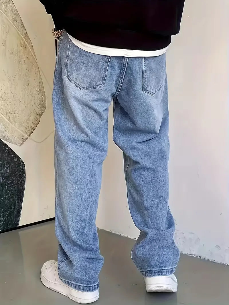Men's light blue straight jeans with five-pocket design
