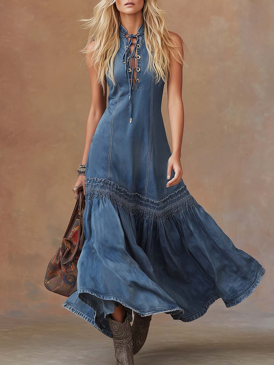 Women's Tie Neck Maxi Dress Sleeveless Bubble Hem Tailored Fit | Blue