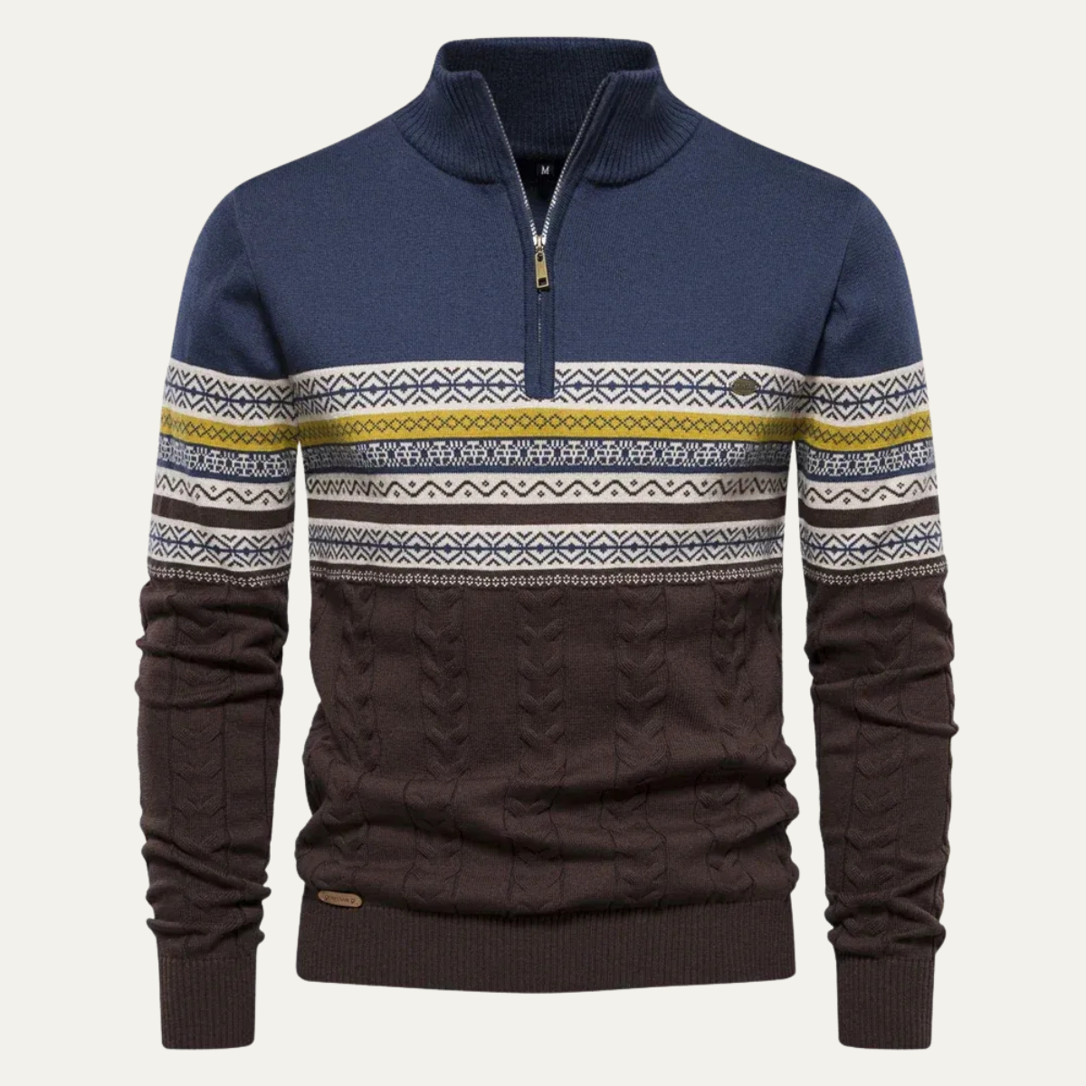 Men's quarter zip mock neck sweater with Fair Isle geometric bands and textured knit lower body