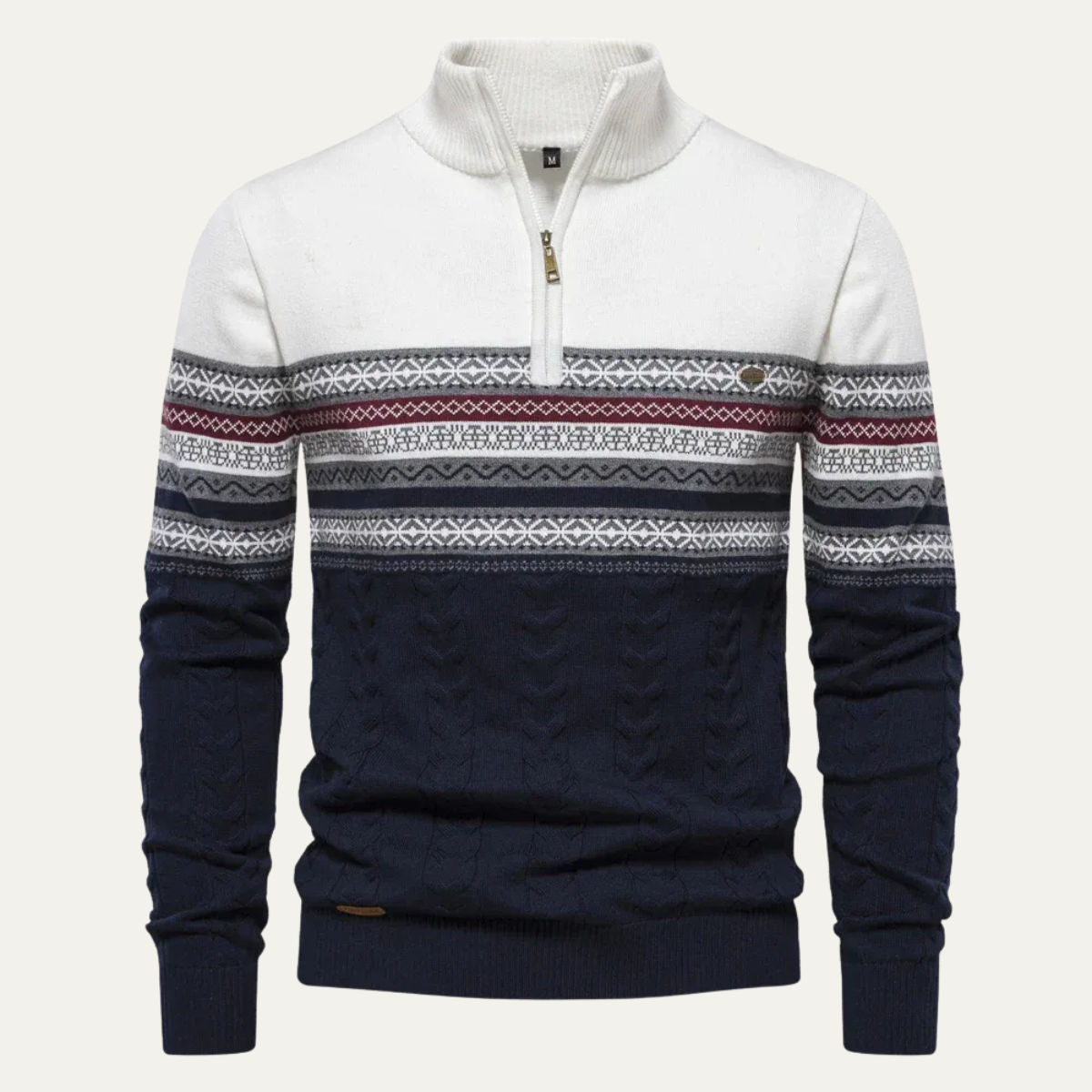 Men's quarter zip mock neck sweater with Fair Isle geometric bands and textured knit lower body