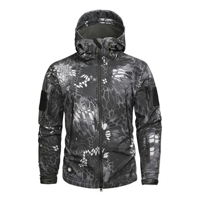 Men's hooded camouflage parka with long sleeves and zip fastening