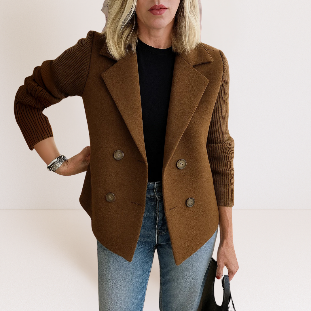 Women's double-breasted blazer with ribbed sleeves and notched lapels