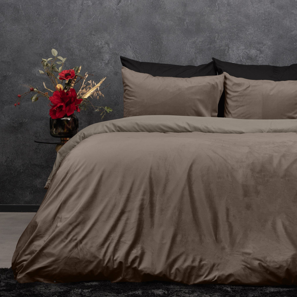 Taupe plain velvet-style duvet cover with matching pillowcase