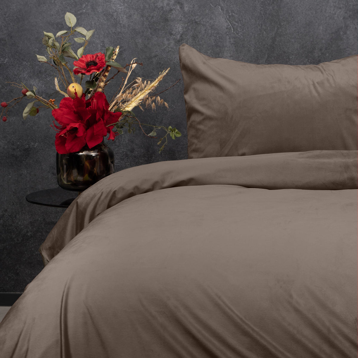 Taupe plain velvet-style duvet cover with matching pillowcase