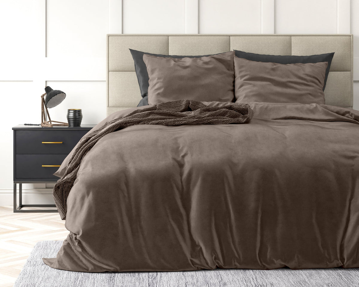 Taupe plain velvet-style duvet cover with matching pillowcase