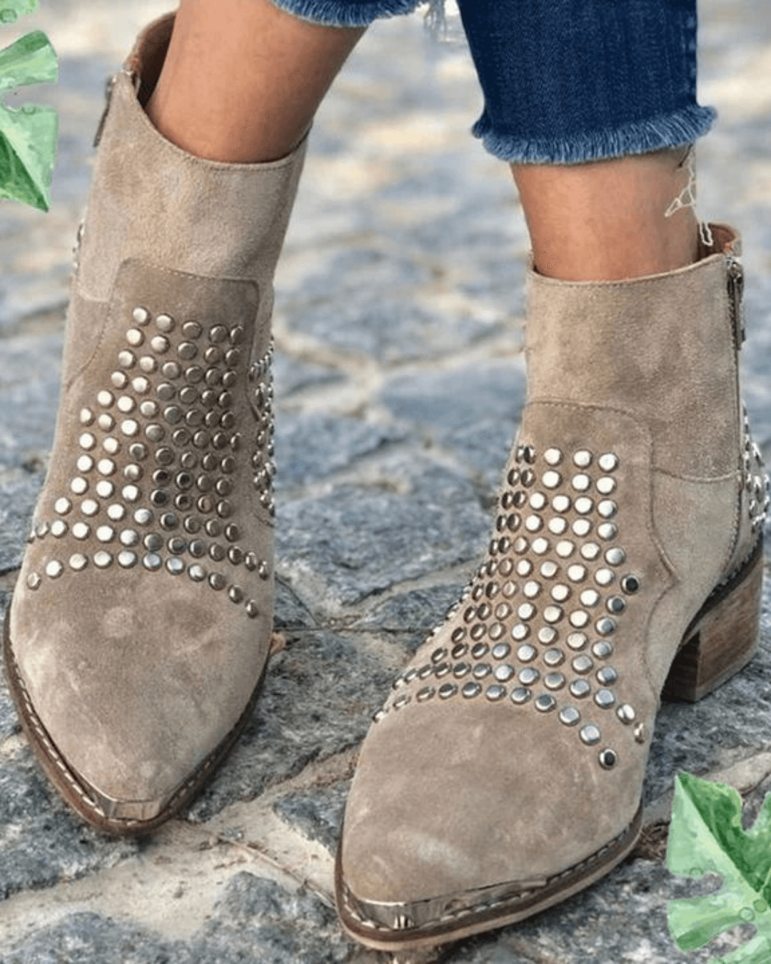 Women's beige pointed ankle boots with metallic studded panels and low block heels