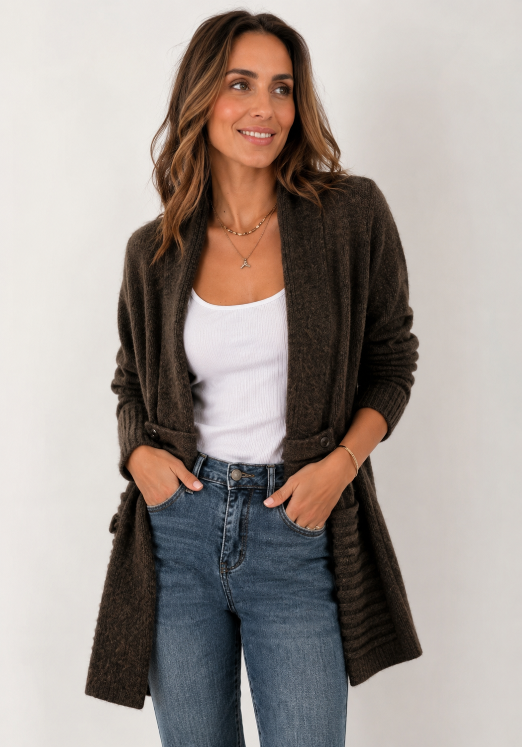 Women's textured open-front longline jacket with shawl collar and button details