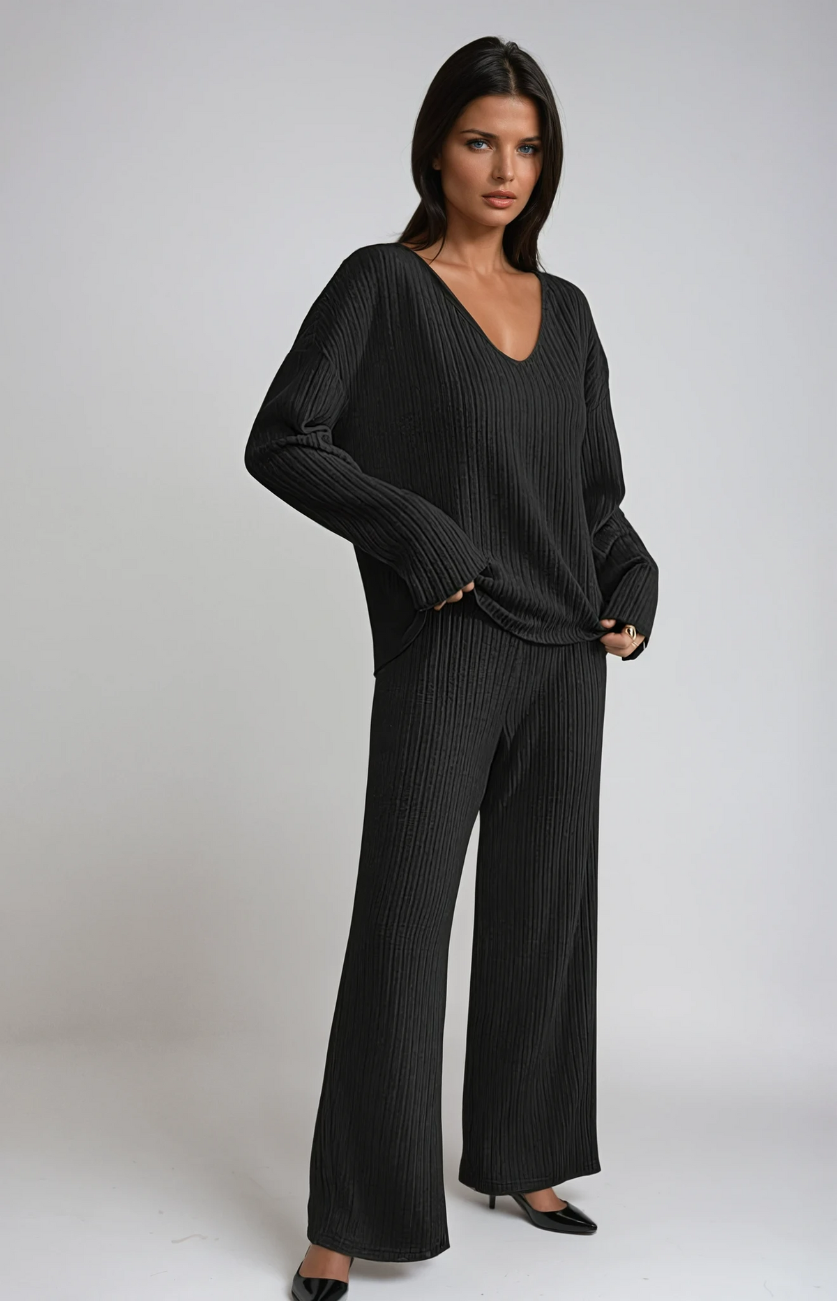 Women's ribbed knit lounge set with V-neck long-sleeve jumper and wide-leg trousers