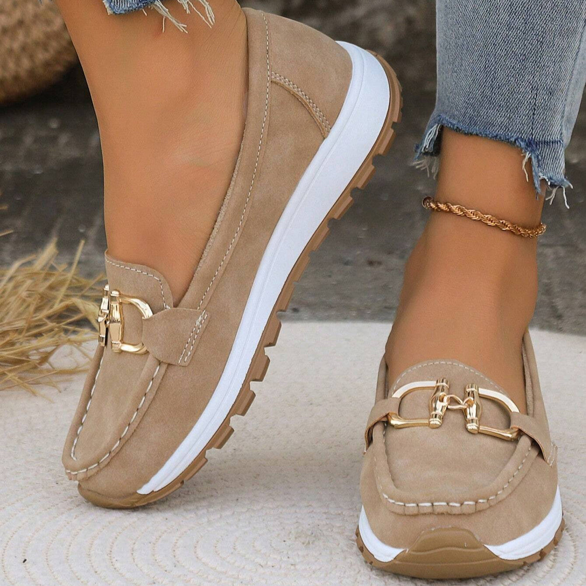 Women's flat loafers with moc stitching and gold-tone buckle trim