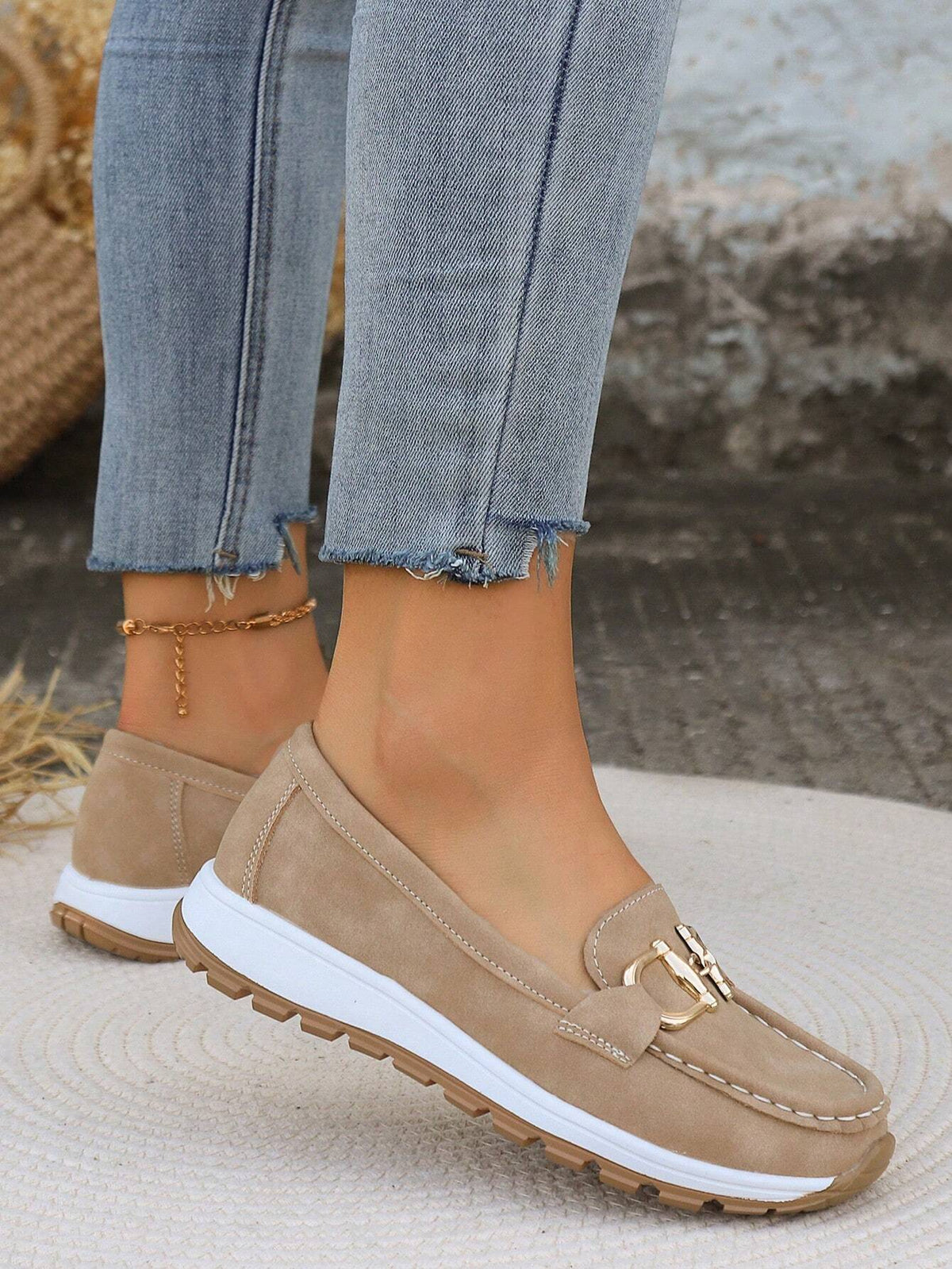 Women's moc toe loafers with chain detail and flat ridged soles