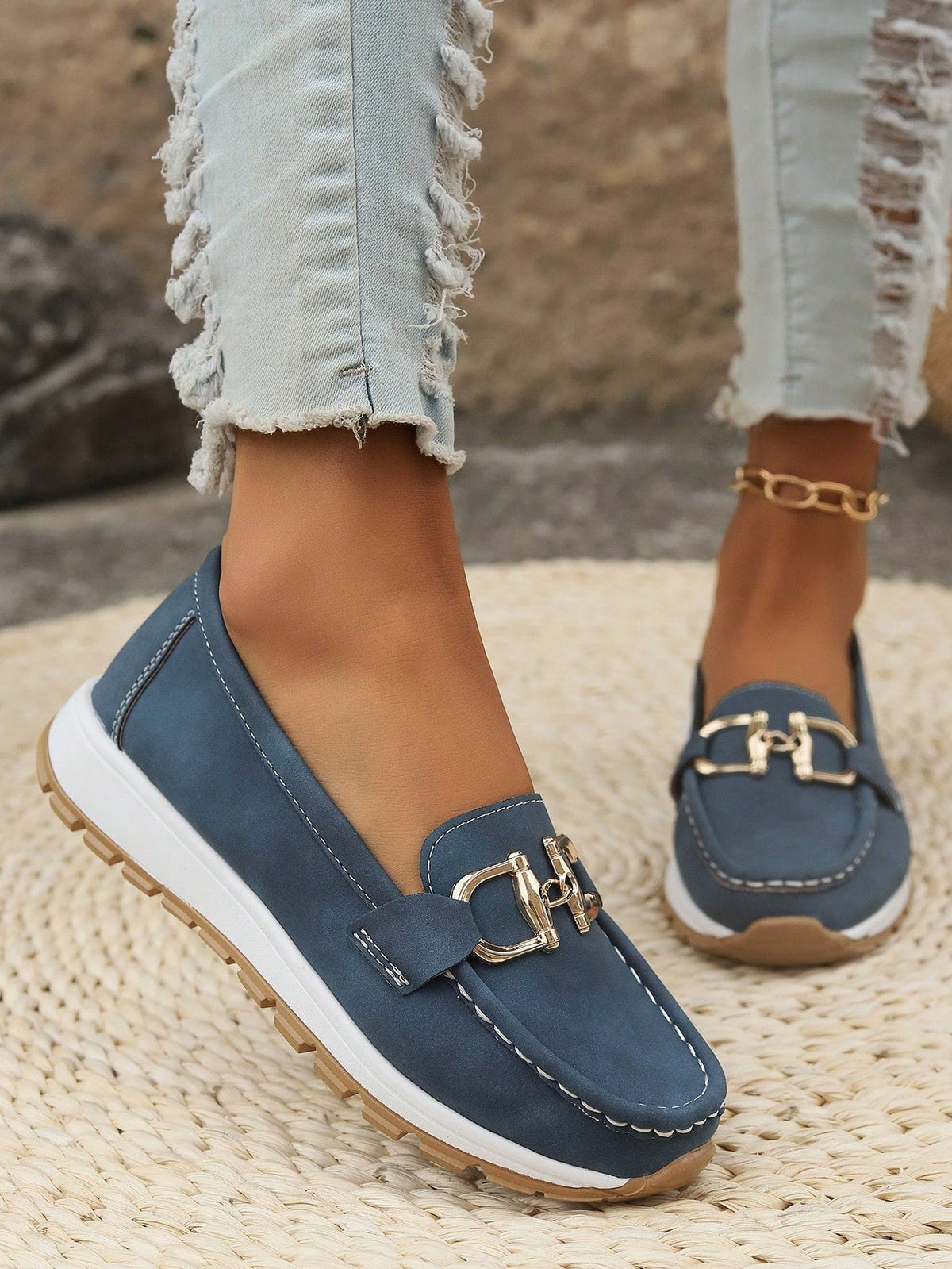 Women's moc toe loafers with chain detail and flat ridged soles