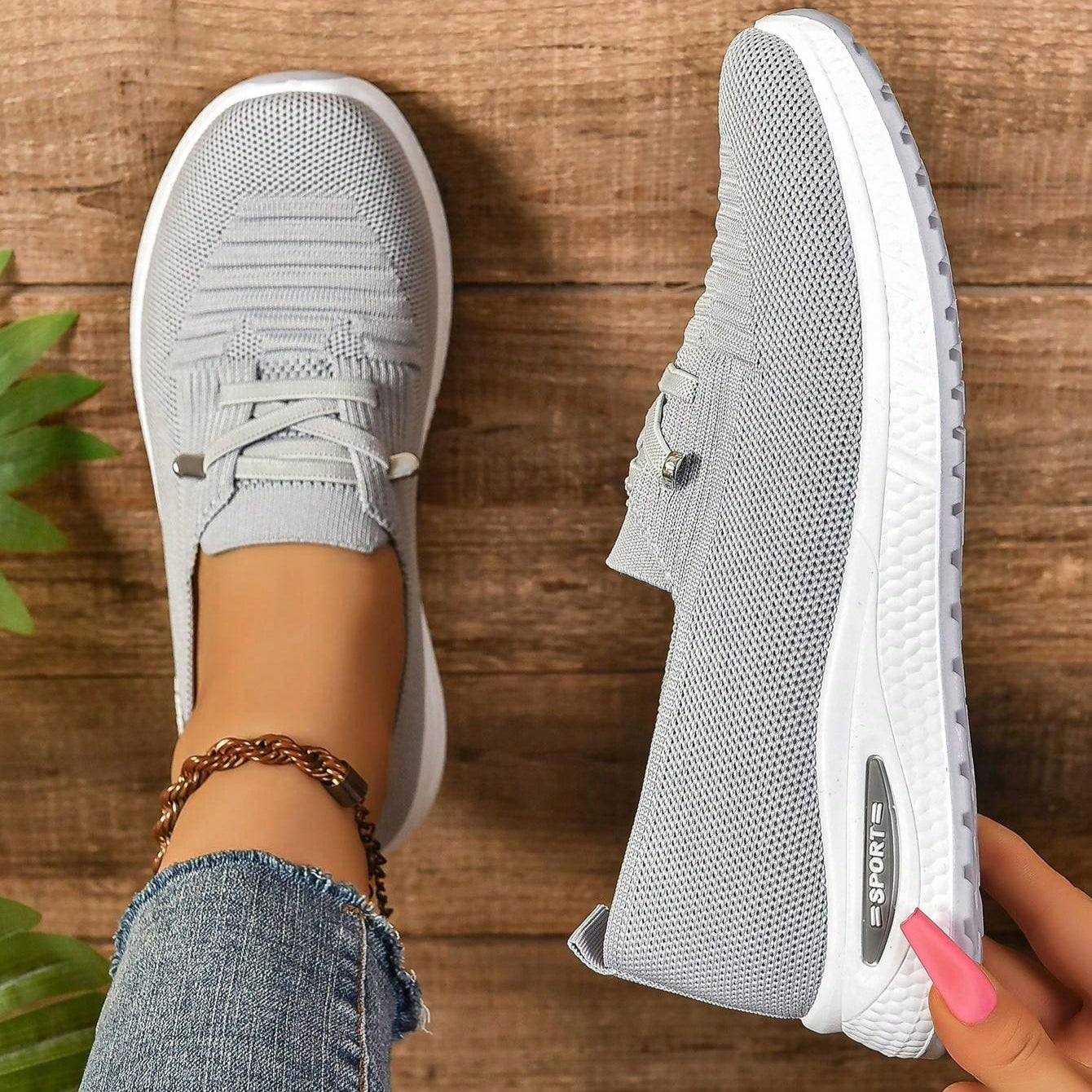 Women’s Slip-On Comfort Trainers | Grey Wide Fit Cushioned Walking Shoes