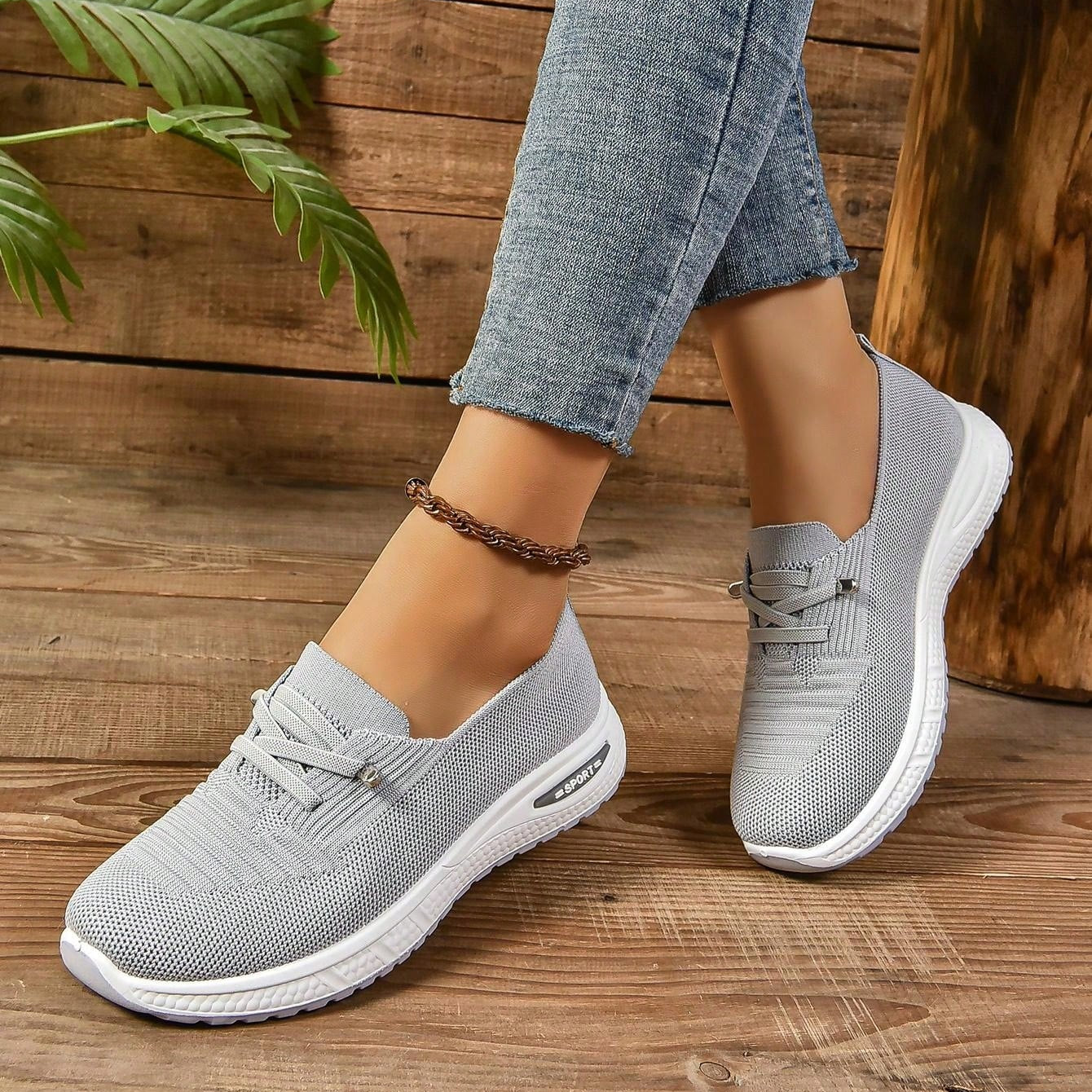Women’s Slip-On Comfort Trainers | Grey Wide Fit Cushioned Walking Shoes