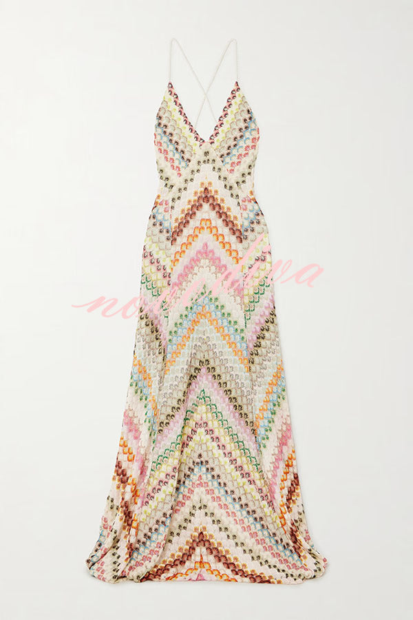Women's multicoloured geometric knit maxi dress with V-neck and spaghetti straps