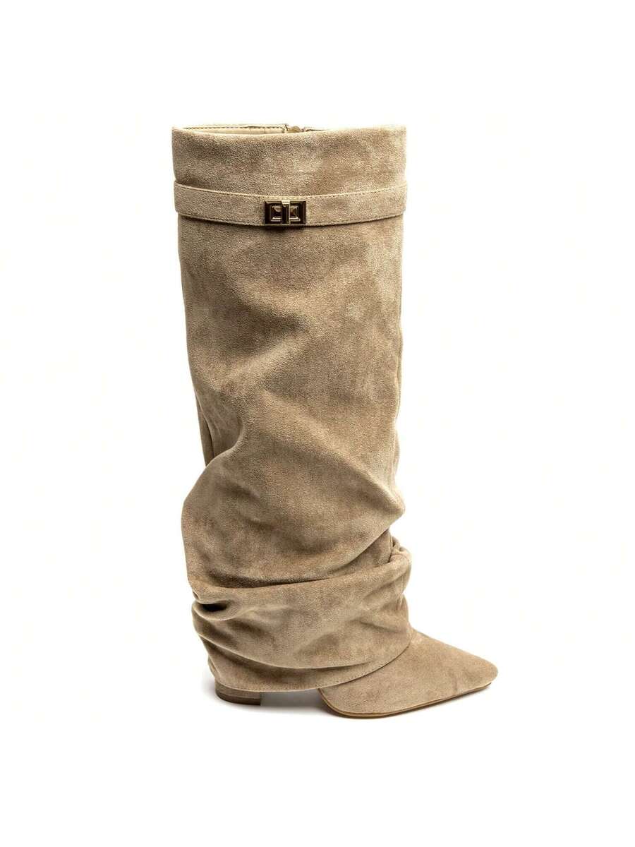 Women's slouch knee-high boots with pointed toes, low heels and buckle strap detail
