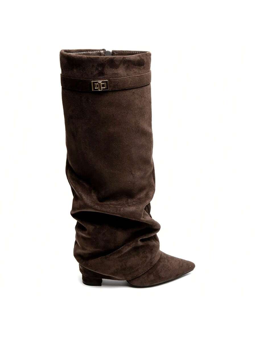 Women's slouch knee-high boots with pointed toes, low heels and buckle strap detail