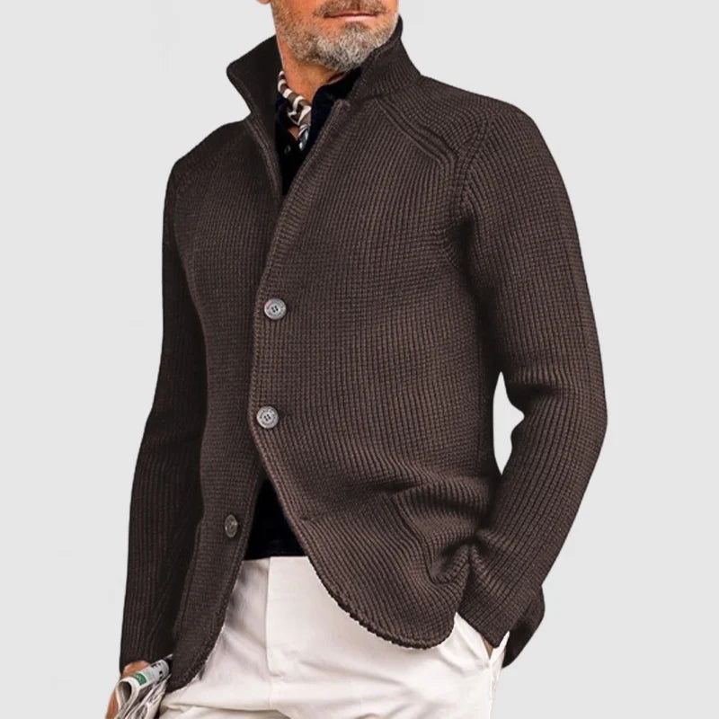 Men's textured knitted cardigan with mock neck, button front and pockets