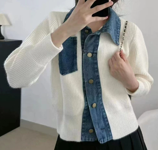Women's ribbed knit cardigan with denim-effect collar, button placket and chest pocket