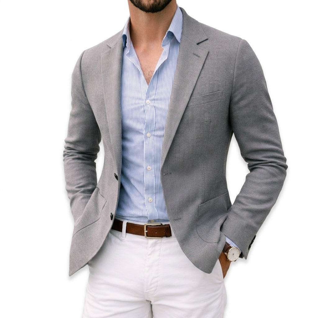 Men's tailored knit blazer with notched lapels, long sleeves and button fastening