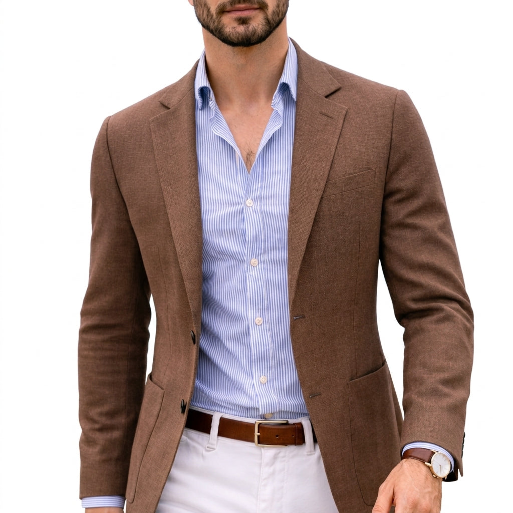 Men's tailored knit blazer with notched lapels, long sleeves and button fastening