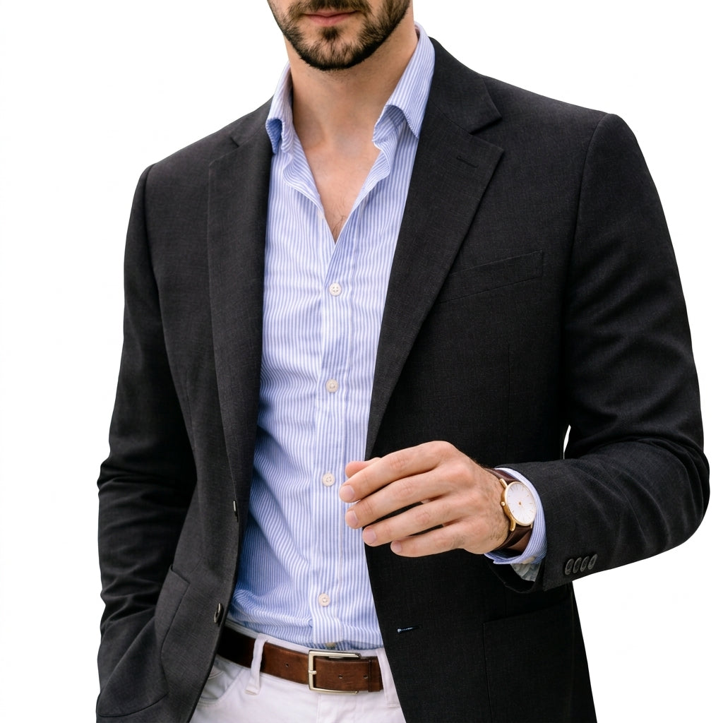 Men's tailored knit blazer with notched lapels, long sleeves and button fastening