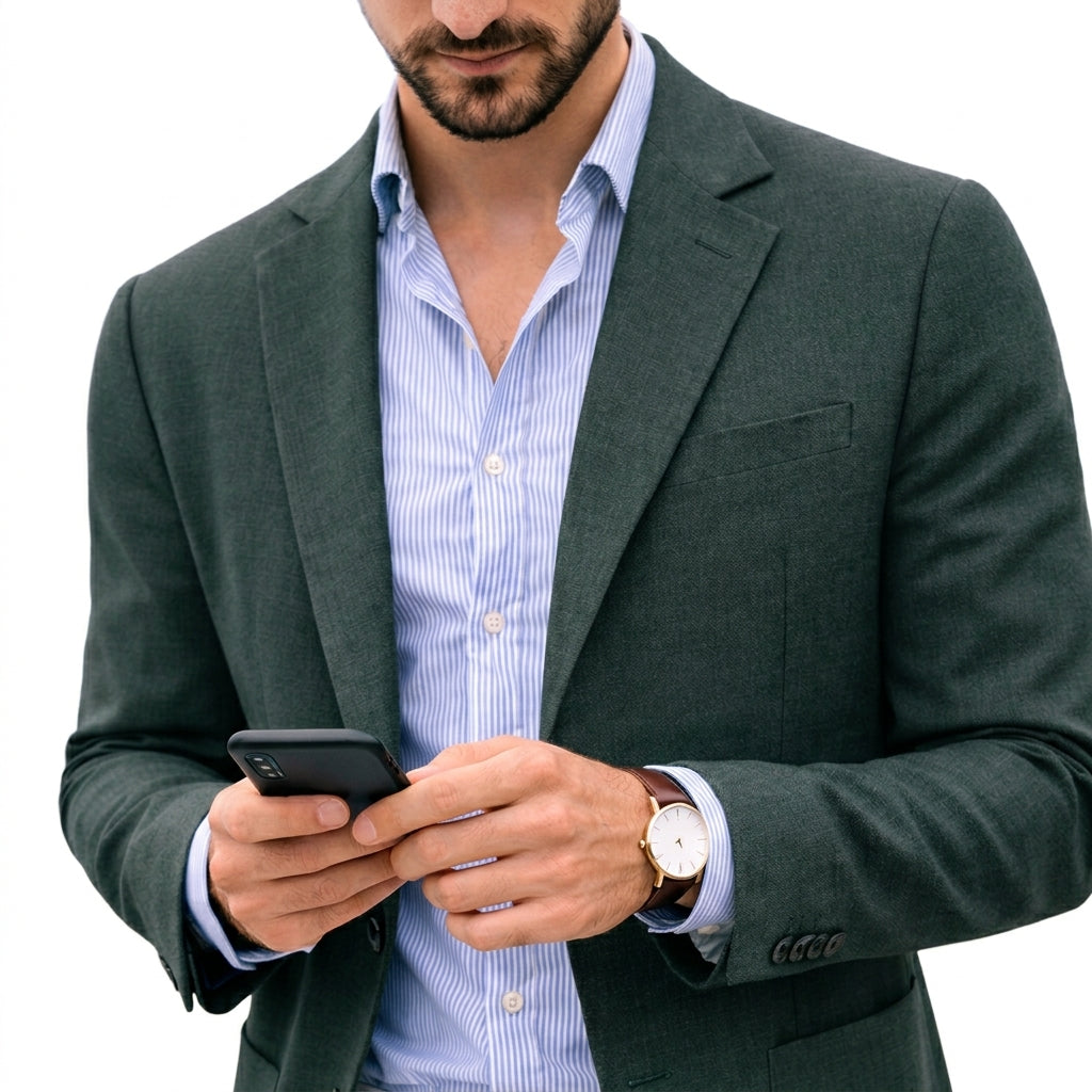 Men's tailored knit blazer with notched lapels, long sleeves and button fastening