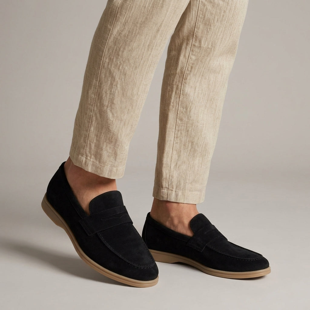 Men's penny loafers with moc toe stitching and flat soles