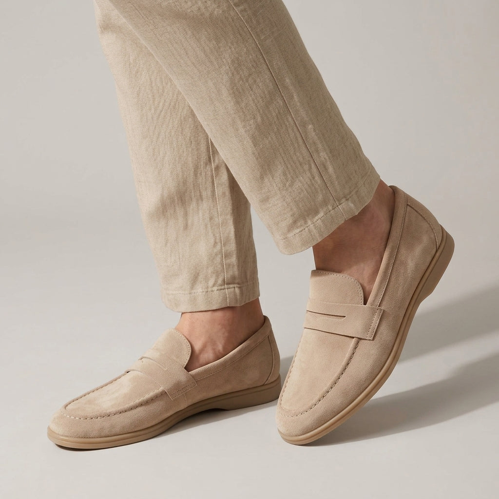 Men's penny loafers with moc toe stitching and flat soles