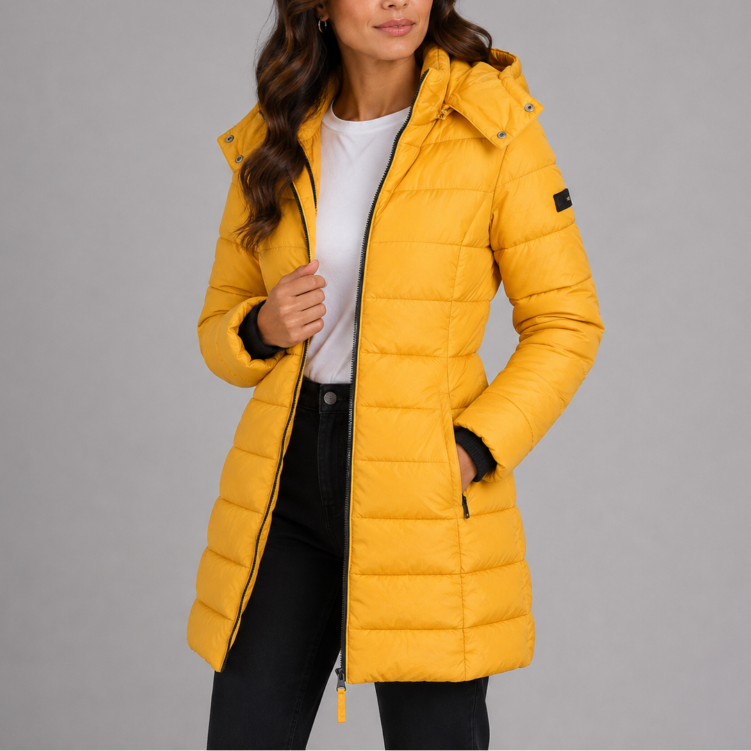 Women's long quilted hooded puffer coat with zip front and zipped pockets