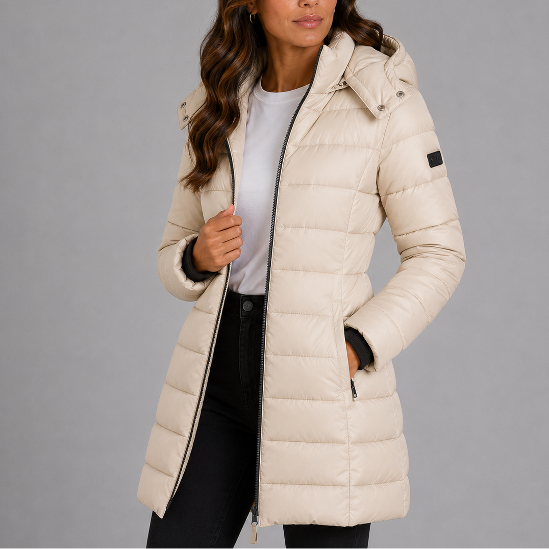 Women's long quilted hooded puffer coat with zip front and zipped pockets