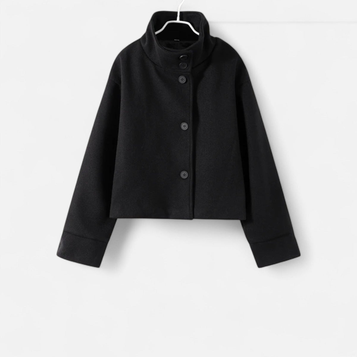 Women's short collared coat with long sleeves and button front