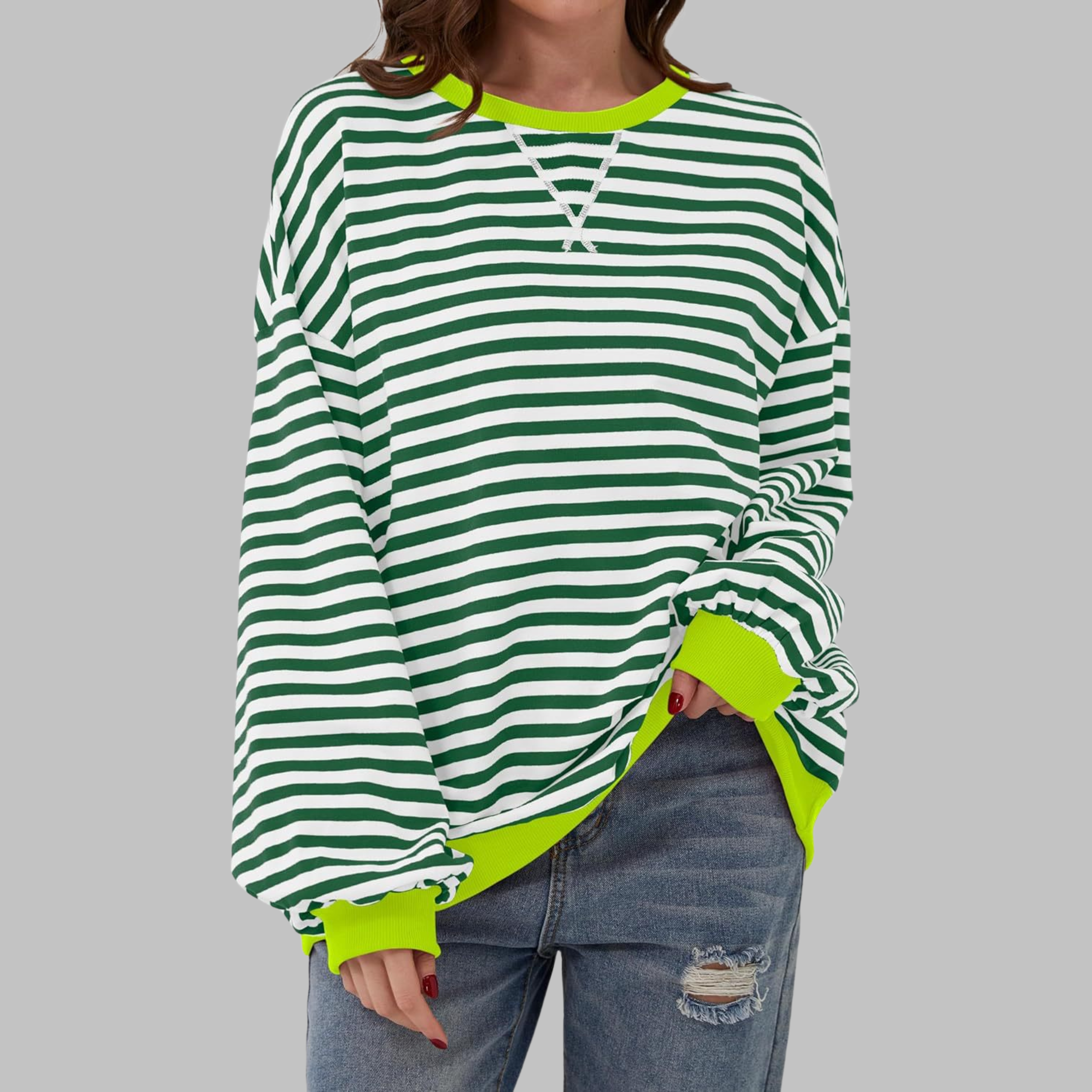 Women's Striped Jumper Long Sleeve Crew Neck - Dark Green