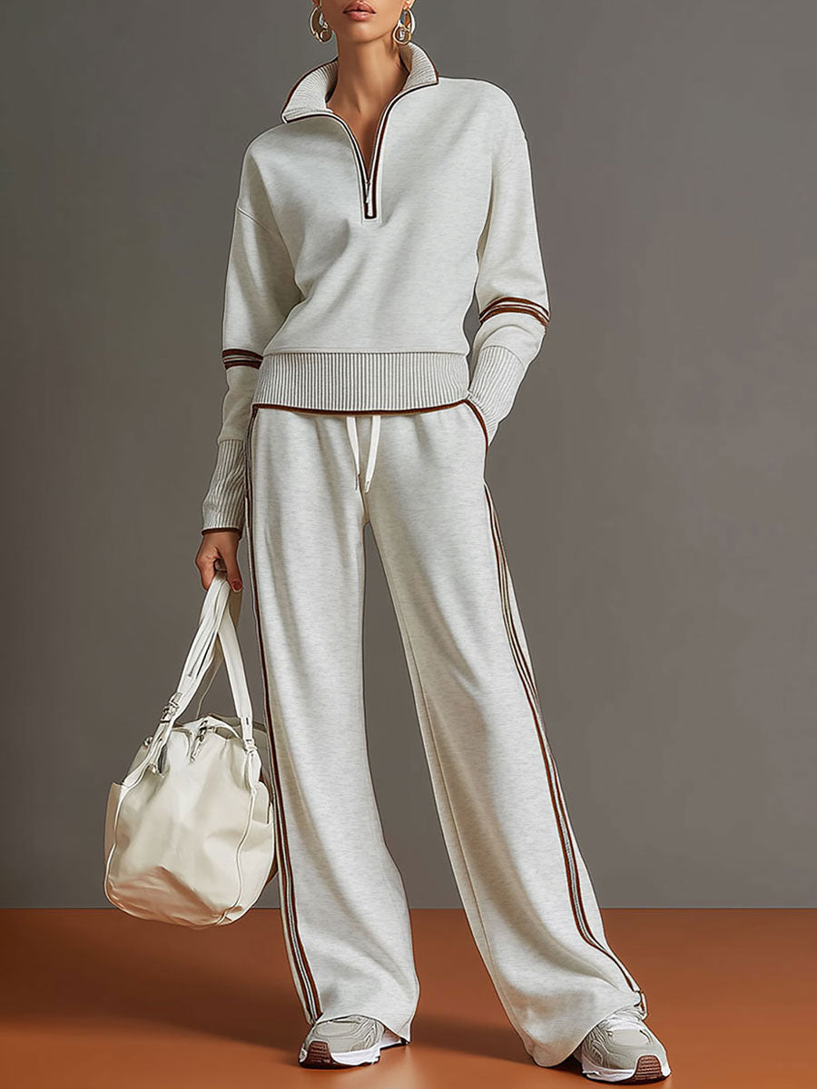 Ribbed Zip Lounge Set Grey White Loose Fit Tracksuit