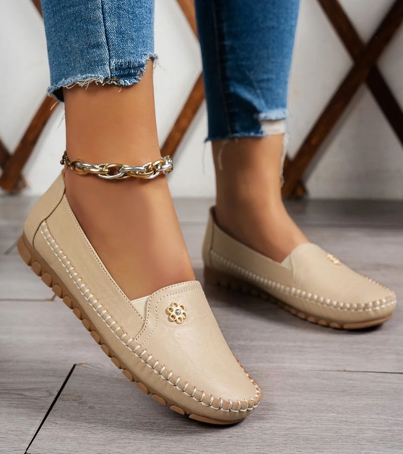 Women's plain square-toe moccasin loafers with decorative front trim and stitched edging
