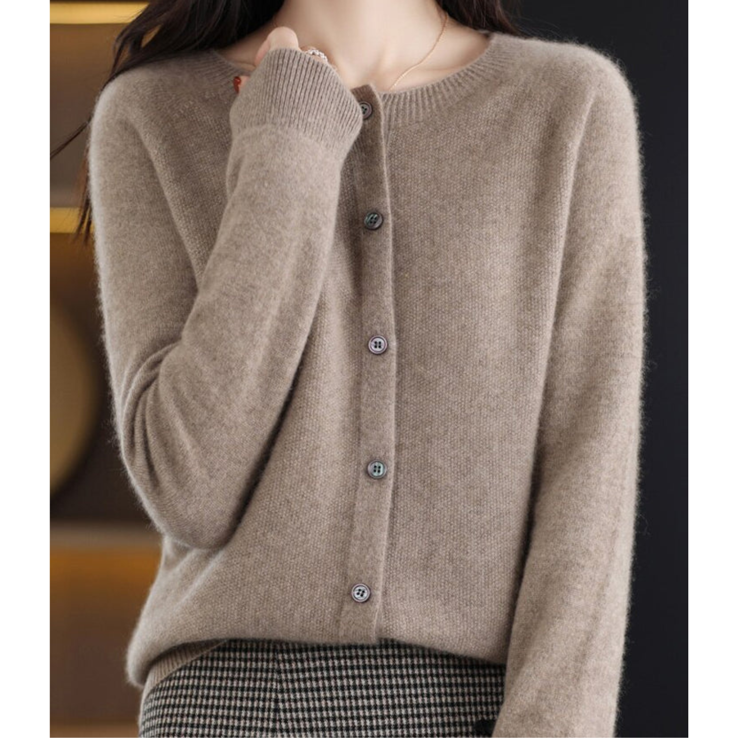 Women's Cardigan Merino Wool V-Neck Long Sleeve - Brown