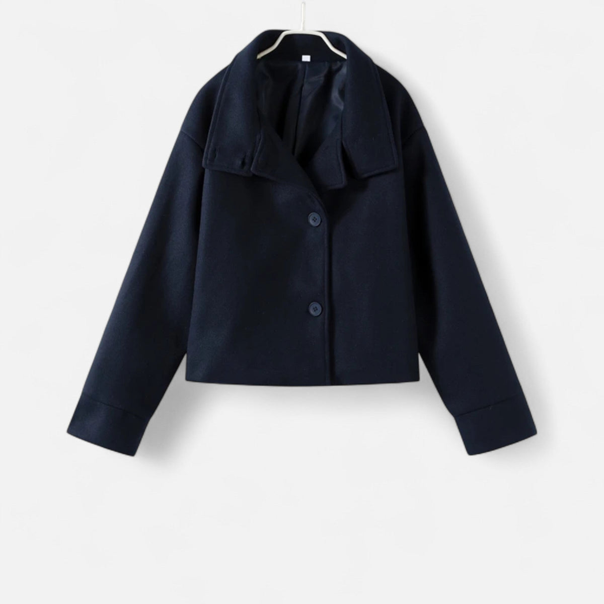 Women's short collared coat with long sleeves and button front