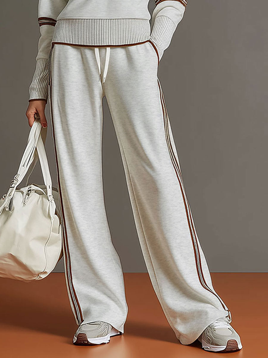 Ribbed Zip Lounge Set Grey White Loose Fit Tracksuit